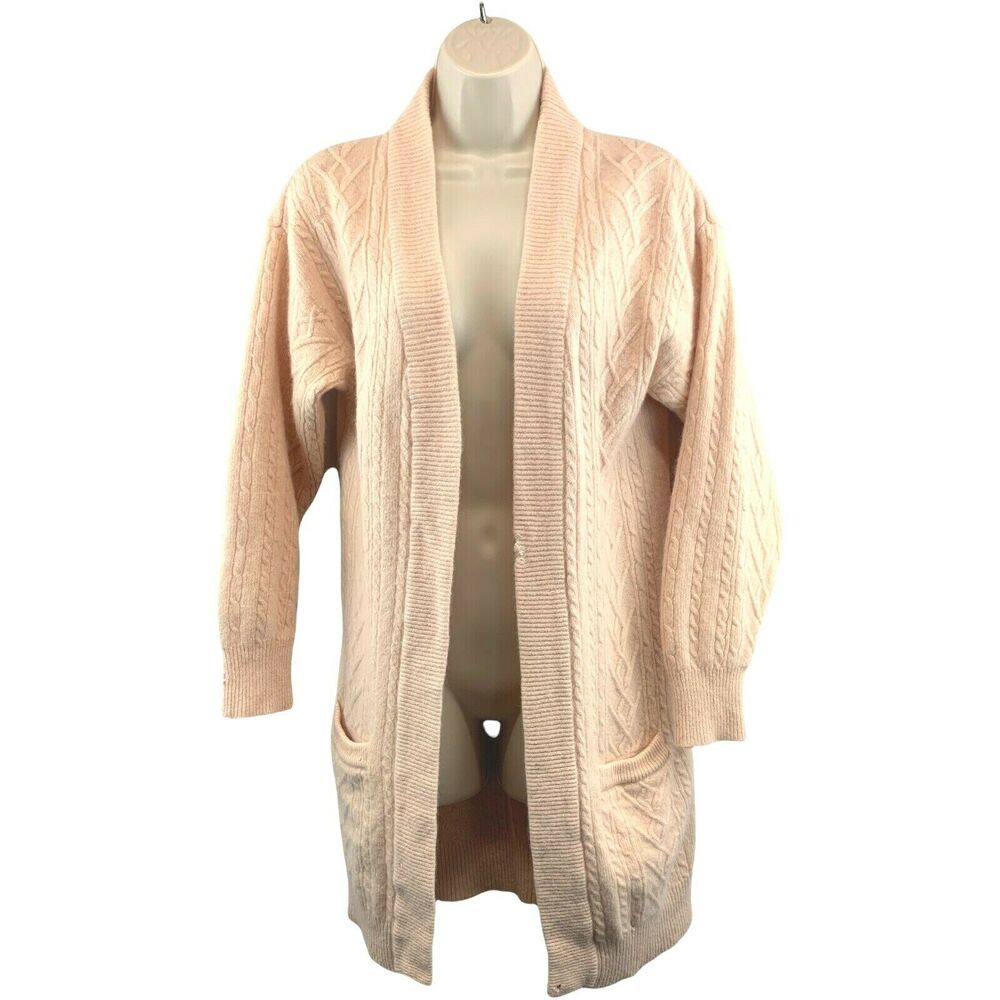 Peck & Peck Women's Long Cardigan Size Small Peach Open Front Lamb Wool Pockets